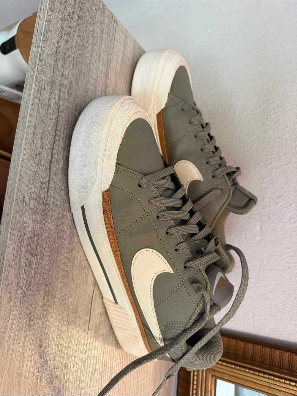 Nike Olive Green and Cream Low-Top Sneakers with Tan Accent